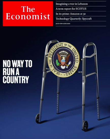 An image of a walker with the Presidential Seal of the United States attached to it. The cover headline reads "No Way to Run a Country," suggesting a negative stereotype about physical disability and leadership. This is the cover of The Economist magazine for the week of July 6th-12th, 2024.
